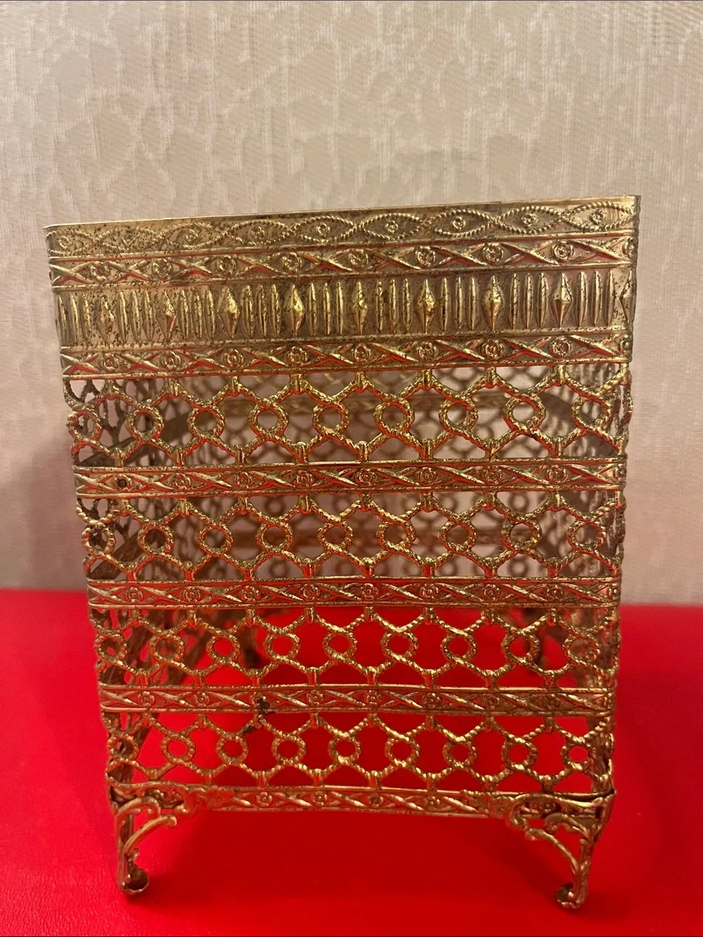 Vintage Hollywood Regency Filigree Ormolu Gold Tissue Box Holder Geometric Deco
